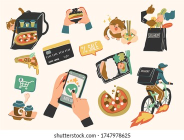 Collection of delivery service, fast food, food delivery, courier service illustrations isolated on white background. Flat cartoon colorful vector illustration