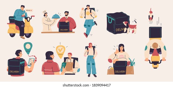 Collection of delivery service, fast food, food delivery, courier service illustrations isolated on white background. Flat cartoon colorful vector illustration.