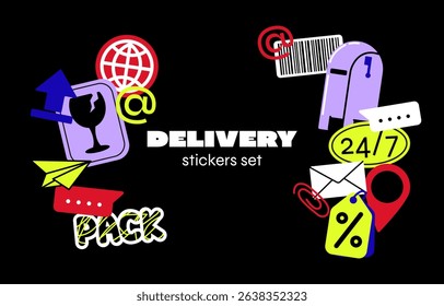 Collection of delivery stickers, shipping tags, and packaging labels. Futuristic y2k patches, labels, tags, stickers, bracelet stamps in retro style. Trendy and playful Y2K vector set for branding