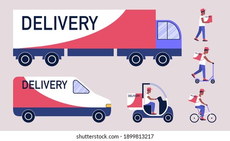 Collection of delivery theme. Delivery by truck, car, bicycle, scooter. Vector illustration in a flat style