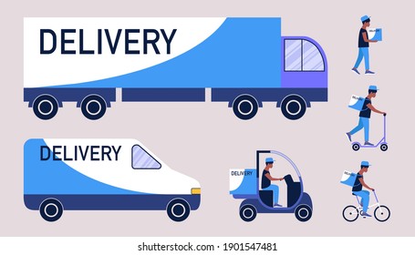 Collection of delivery theme. Delivery by truck, car, bicycle, scooter. Vector illustration in a flat style