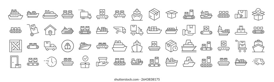 Ícones de Linha Relacionados à Coleção de Distribuição e Transporte. Outline Signs para Gráficos e Web Design, Apps, Anúncios, Vários Cartões 