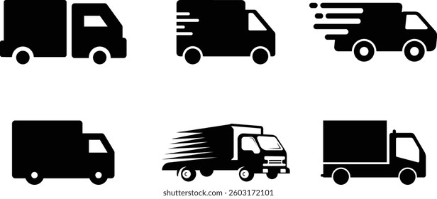 Collection of Delivery Truck Set Vector Icon Representing Shipping, Logistics or Transportation