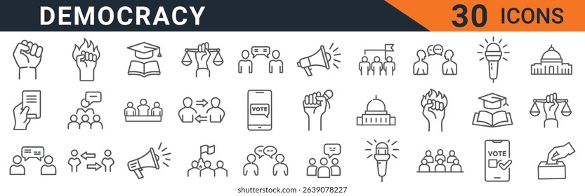 a collection of democracy icons representing political elections, government, freedom, and justice. includes symbols of voting, protest, leadership, and communication.