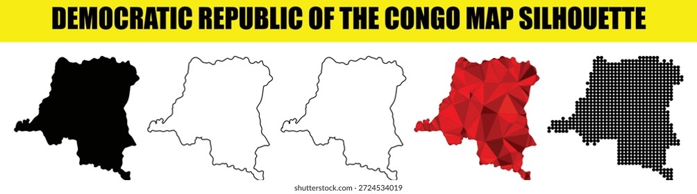 Coleção de silhuetas mapa da República Democrática do Congo. Contorno detalhado, preto sólido, preenchimento branco, poli arte baixa e variações de mapa pontilhado. Vetor.