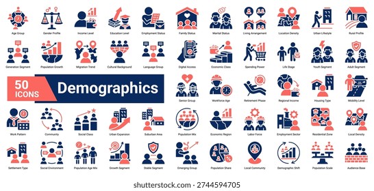 A collection of Demographic icons, containing population attributes, social structure, economic levels, age groups, and lifestyle patterns. Ideal for market analysis, audience profiling, and social research.