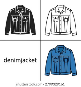 Collection of denim jacket illustrations in solid black and colored outline styles perfect for fashion projects.