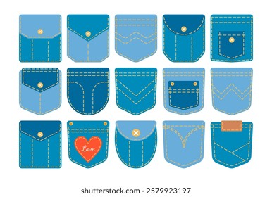 A collection of denim patch pocket illustrations with various designs, stitching, and button details. Perfect for fashion design, sewing projects, and apparel graphics. Ideal for digital and print use