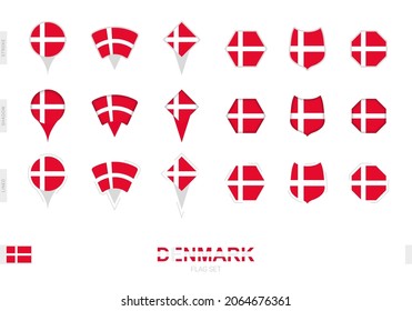 Collection of the Denmark flag in different shapes and with three different effects. Vector flag set.