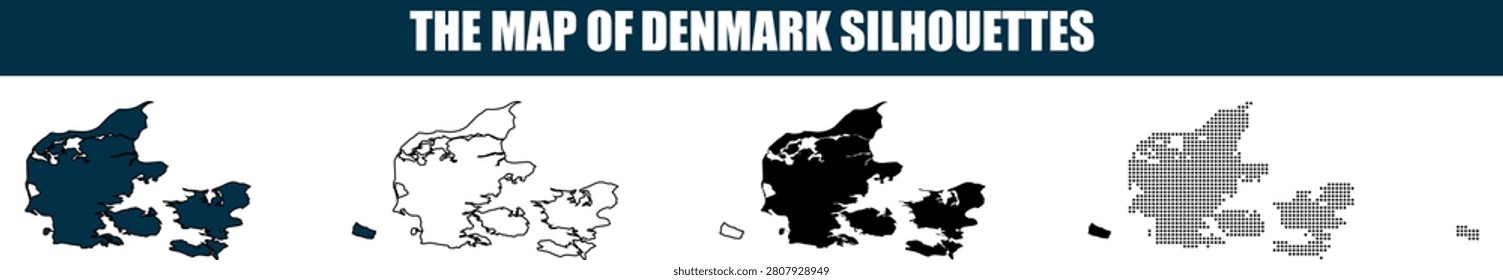 A collection of Denmark's geographical outlines presented in vector silhouette formats ideal for informational and travel branding.
