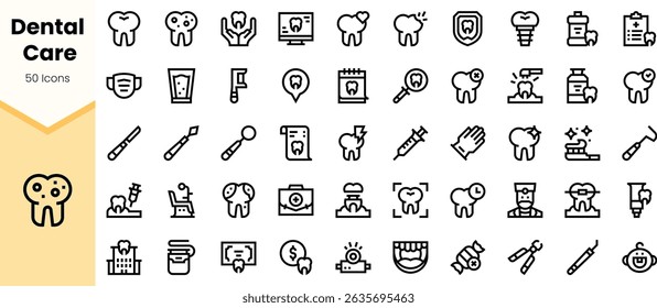 A collection of dental care icons, featuring a variety of elements such as teeth, toothbrushes, dental tools, and hygiene products in a clean design.