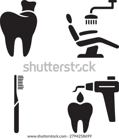 Collection of dental care icons featuring a tooth, a dental chair for treatment, a toothbrush for hygiene, and a tool performing a procedure.