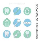 Collection of dental care icons including tooth, toothbrush, floss, toothpaste, mouthwash, dental chair, and more.