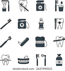 Collection of dental care icons for oral hygiene and dentist tools. Perfect for healthcare designs