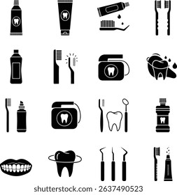 Collection of dental care icons for oral hygiene and dentist tools. Perfect for healthcare designs