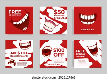 Collection of dental care poster with place for text vector flat illustration. Set of dentistry clinic treatment offer with sale discount. Comic human mouth with teeth. Consultation, implant, cleaning