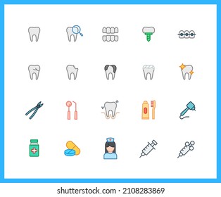 Collection of dental clinic color icons. Set of Implants, teeth, tooth, orthodontic symbols drawn with thin contour lines. Vector illustration