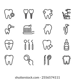 Collection of dental health icons. Thin line vector. Contains icons such as cavities, braces, toothpaste.
