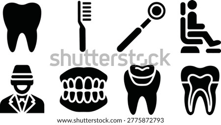 Collection of dental iconography featuring teeth toothbrush mirror dentist chair and professional tools for dental clinics and hygiene
