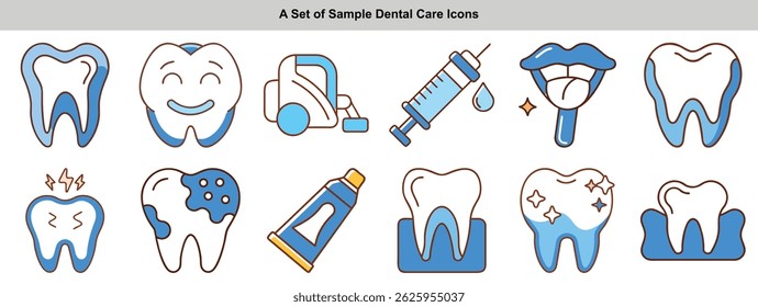 Collection of dental icons, illustrating oral healthcare. Includes tooth, tongue, syringe, pain, gum, and cleaning elements for comprehensive design needs.