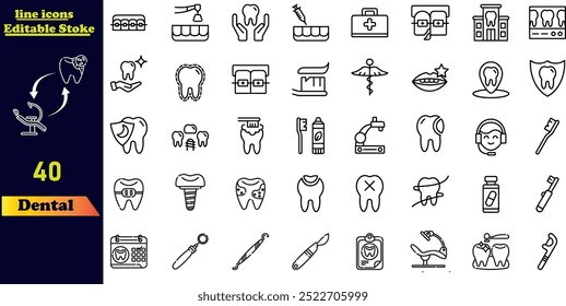 Una colección de iconos de contorno dental con dentista, cuidado dental, enfermedad oral, blanqueamiento dental, extracción, diente roto, conducto radicular, empastes y muelas del juicio. Conjunto de iconos de Vector.