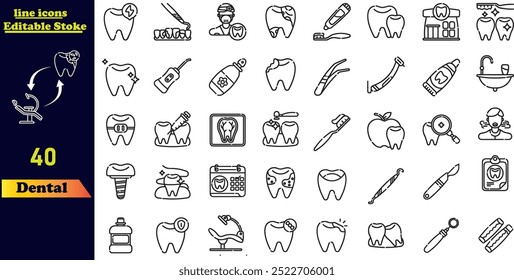 Una colección de iconos de contorno dental con dentista, cuidado dental, enfermedad oral, blanqueamiento dental, extracción, diente roto, conducto radicular, empastes y muelas del juicio. Conjunto de iconos de Vector.