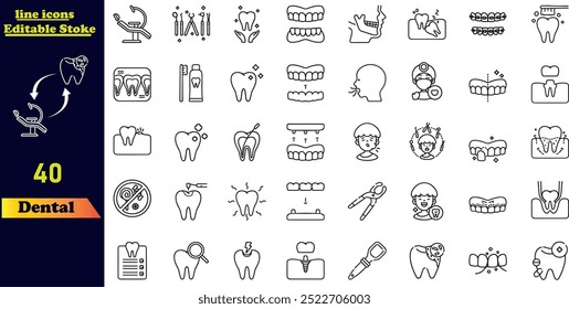 Uma coleção de ícones de contorno dentário com dentista, tratamento dentário, doença oral, clareamento dos dentes, extração, dente quebrado, canal radicular, obturações e dentes do siso. Conjunto de ícones de vetor.