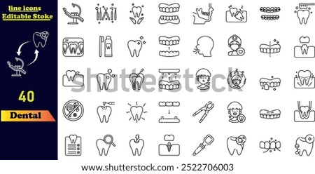 A collection of dental outline icons featuring dentist, dental care, oral disease, teeth whitening, extraction, broken tooth, root canal, fillings, and wisdom teeth. Vector icon set.