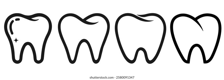 Collection of dental tooth icons representing various stages of oral health and hygiene