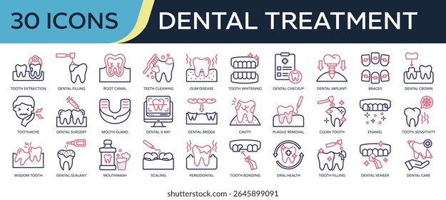 Collection of Dental treatment icons, related to tooth extraction, dental checkup, dental care, tooth whitening, dental implant and more. Outline Color icons vector illustation.