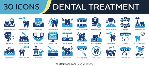 Collection of Dental treatment icons, related to tooth extraction, dental checkup, dental care, tooth whitening, dental implant and more. Solid icons vector illustation.