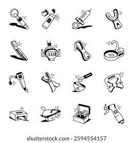 Collection of Dentist Instruments Doodle Icons 
