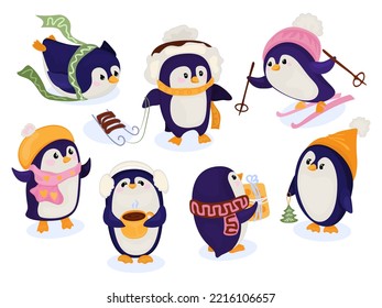 A collection depicting several cartoon penguins in hats and scarves frolicking against a snow-covered background. Winter set with penguins. 