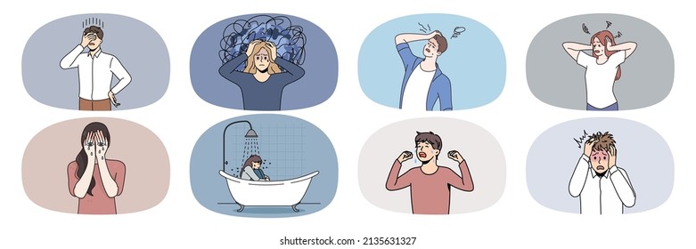 Collection of depressed young people feel despair suffer from mental psychological problem. Set of unhappy men and women suffer from depression or nervous breakdown. Vector illustration. 