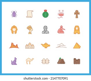 Collection Of Desert Color Icons. Set Of Egypt, Horus, Cleopatra, Mummy, Oasis, Pyramid Symbols Drawn With Thin Contour Lines. Vector Illustration.