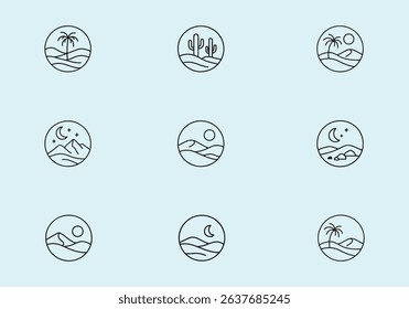 Collection of desert landscape icons featuring cacti, palm trees, mountains, and celestial elements, rendered in a minimalist line art style on a light blue background.