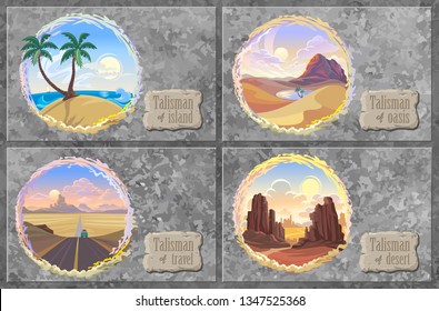 A collection of desert landscapes with road, oceans, canyons and oasis