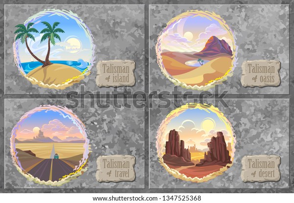 A collection of desert landscapes with road,\
oceans, canyons and oasis