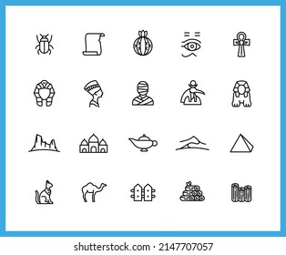 Collection Of Desert Linear Icons. Set Of Egypt, Horus, Cleopatra, Mummy, Oasis, Pyramid Symbols Drawn With Thin Contour Lines. Vector Illustration.