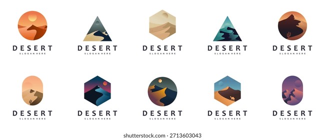 collection of desert logos, nature explorers, the great outdoors, tourist destinations, vector design templates.