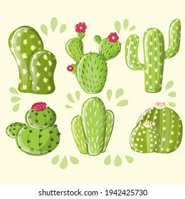 Collection Desert Plants Cactus Set Vector. Different Succulent Prickly Spine Cactus Exotic Nature Decorative Houseplant Concept. Succulents sticker set.