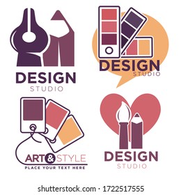 Collection of design and art studio logotypes and labels, isolated set of simple logos. Pencils and brushes, color palettes symbols for artistic companies and agencies. Creative vector in flat style