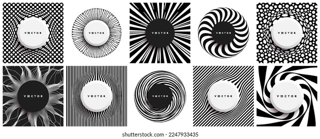 Collection for design. Background with convex hemisphere. Volumetric composition with optical illusion. Striped pattern with copy space. Rotation and swirling movement. 3D vector illustration.