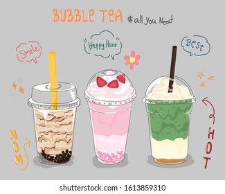 Collection design of bubble tea cup, Pearl milk tea. Vector