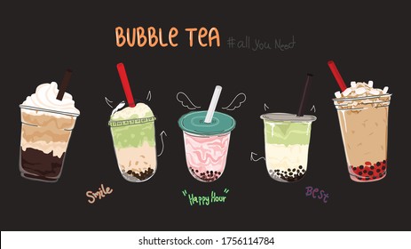 Collection design of bubble tea cup, Pearl milk tea. Vector