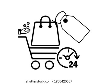 A collection of design concepts for trolley logo symbols, baskets, hands and coins, price tags, store operating hours. icon design editable