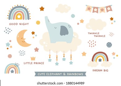 Collection of design elements for baby, kids, and children with cute elephant, rainbows, moon, and stars. Cartoon style vector illustrations for little boy. Isolated on white background.