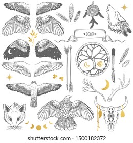 Collection of design elements in boho style. Vector hand drawn sketches on white background. Birds of prey, fox, feathers, arrows, moon, sun