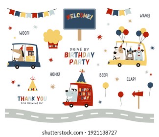 Collection Of Design Elements For Drive By Birthday Party. Cute And Whimsical Dog Characters Driving Car, Big Cupcake, Party Hat, Balloons, Colorful Garlands, Welcome Sign, And More.