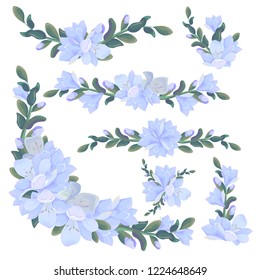 A collection of design elements from freesia flowers. Corners, borders and bouquets of freesia. All elements are isolated.